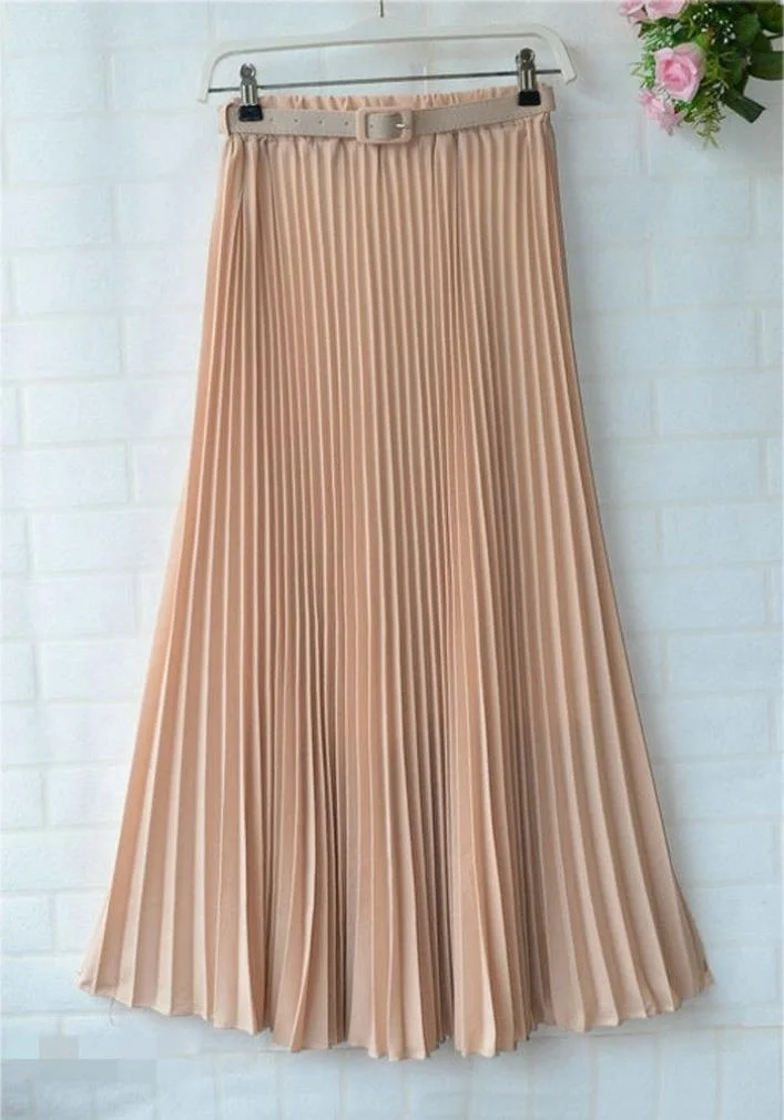 Womens Skirt Belt High Waist Solid Color Retro Maxi Chiffon Pleated Elegant Long Skirt Summer Skirt Womens New 13 Styles