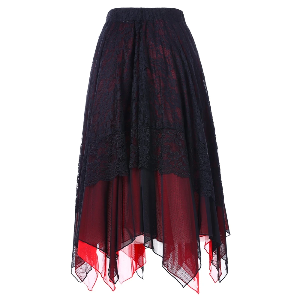 

2018 High Waist Lace Insert Handkerchief Skirt Women Skirts Fall Casual Asymmetrical Mid-Calf Skirt Female Womens Bottoms