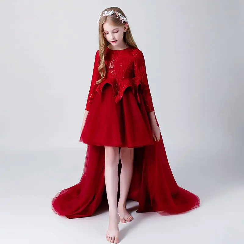 

2019 New Teenage Girls Mesh Floral Trailing Princess Dress Kids Dresses For Girls Wedding Party Baby Girl Clothes Vestidos S210