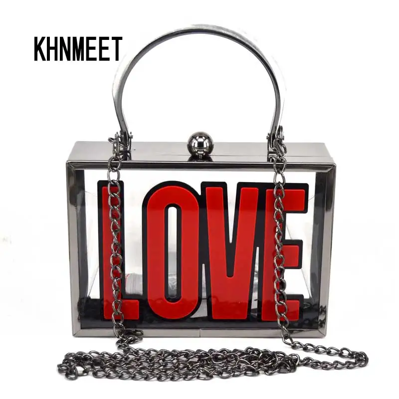 Модная красная прозрачная сумка клатч с надписью Love металлический каркас
