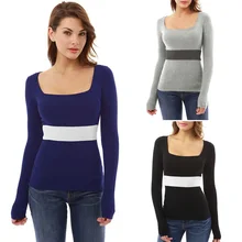 Spring 2018 Casual Women T-shirt Square Collar Long Sleeve Slim Sexy Shirt Striped Knitted Shirt Plus Size Women Clothing Tops
