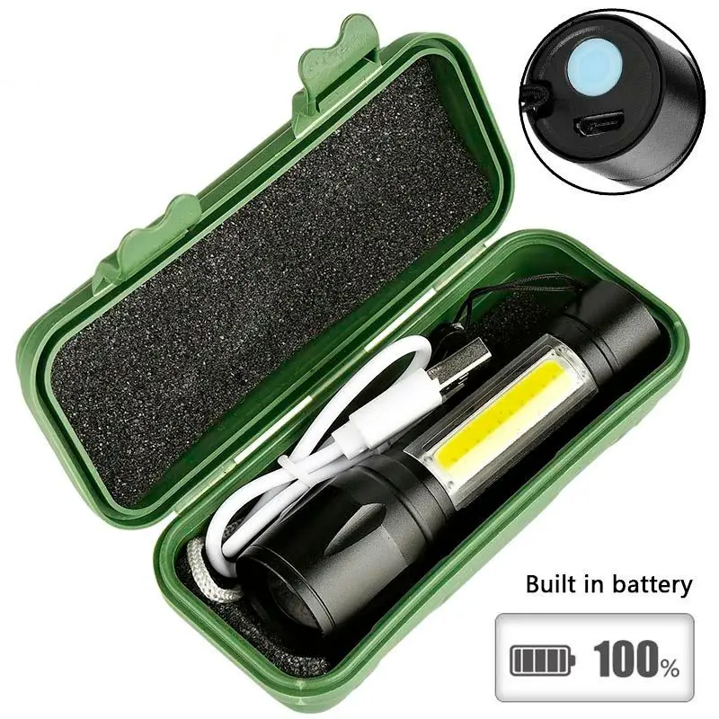

2000lm Built In Batttery Mini Flashlight Q5 & Cob Led Zoom Aluminum 4 Modes Torch Rechargeable Lantern Flashlight 1517