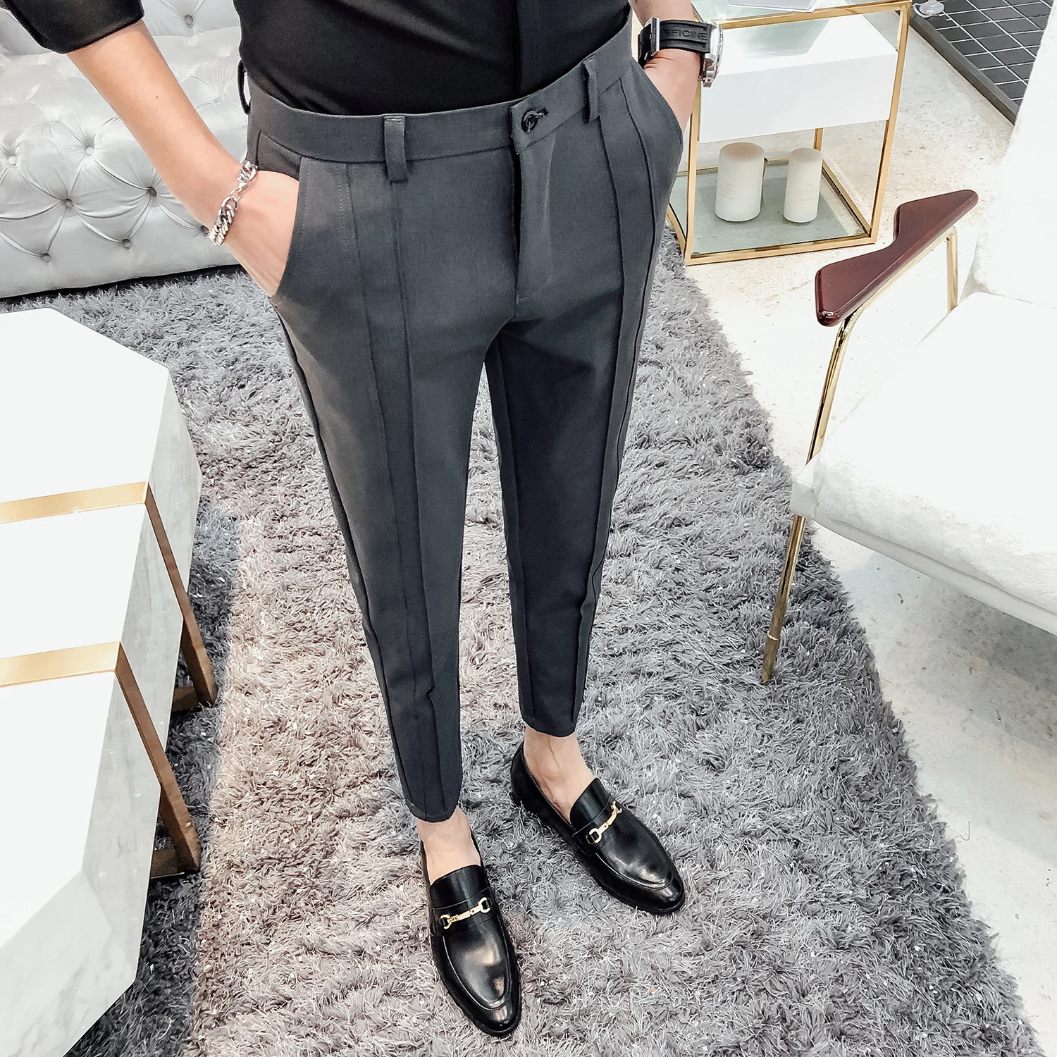 Модный деловой стрейч костюм брюки мужские роскошные Брендовые повседневные брюки мужские прямые облегающие Формальные Брюки мужские размера плюс 36 черные