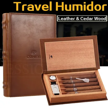 

COHIBA Leather Cigar Travel Case Cedar Wood Cigar Humidor Box Portable Book Style 5 Tubes Humidor Cigare Box