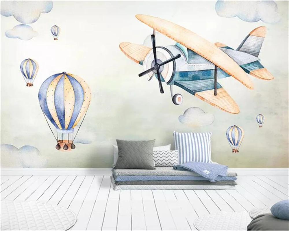 

Beibehang Custom wallpaper mural Hand painted sky plane hot air balloon children room TV background wall wall paper home decor
