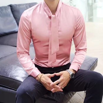 

3 Solid Tie Shirt Men Long Sleeve Slim Fit Tuxedo Shirt Pink Wedding Groom Shirt Men Chemise Homme Manche Longue Plus Size 5xl