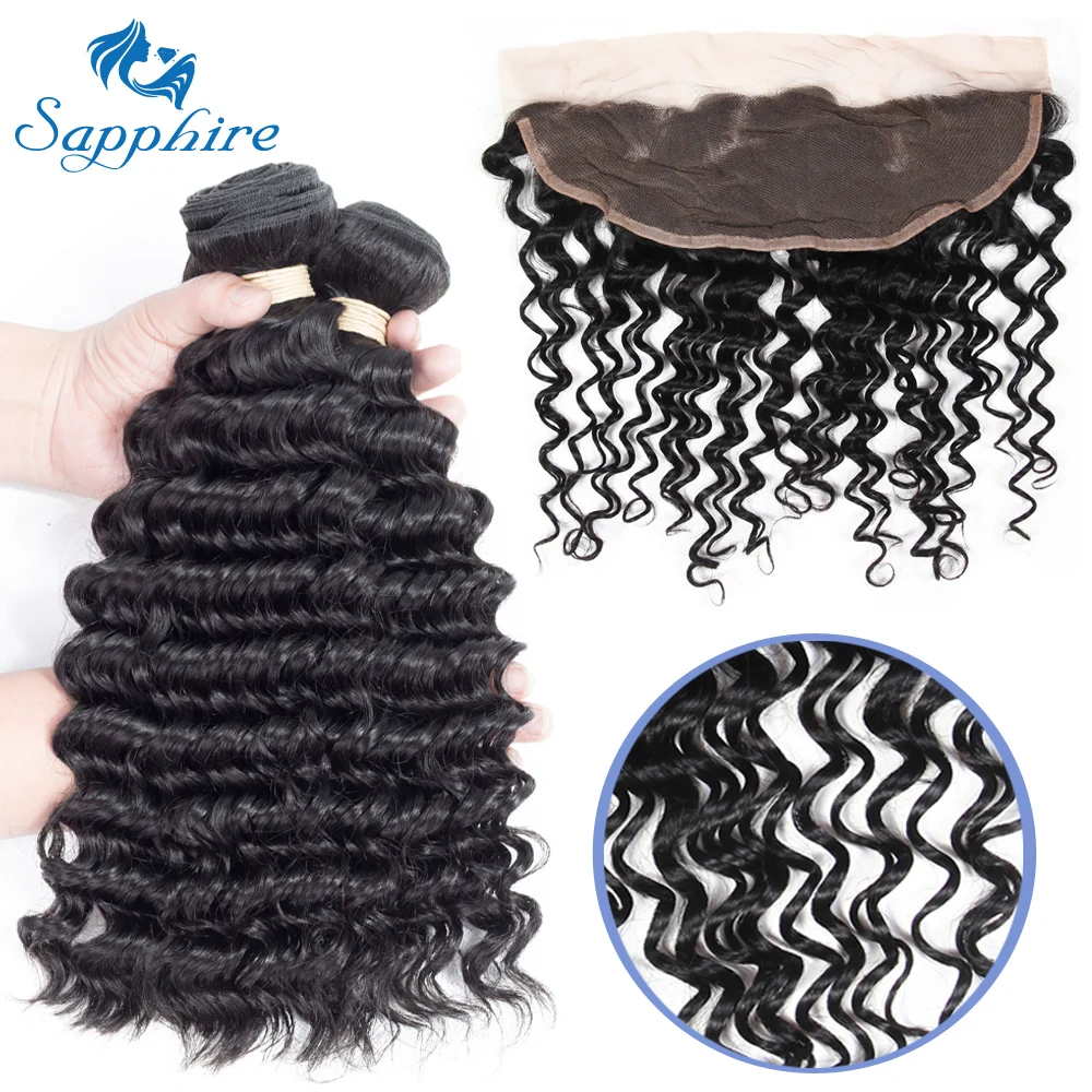 Sapphire Deep Wave Remy Human Hair Bundles With Lace Frontal Natural Color For Salon High Ratio Longest PCT 30% | Шиньоны и парики