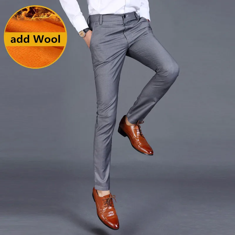 2019 Men Fine Wool In Winter To Keep Warm Pure Color Fashion Business Formally Suit Pants / Male Le