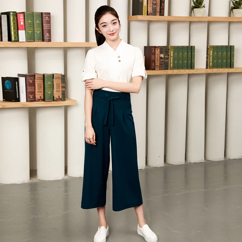 

New Fashion Adjusted Sleeve Pedicure Technician Overalls Women Beauty Salon Spa Uniform Health Club Work Shirt and Pants Set