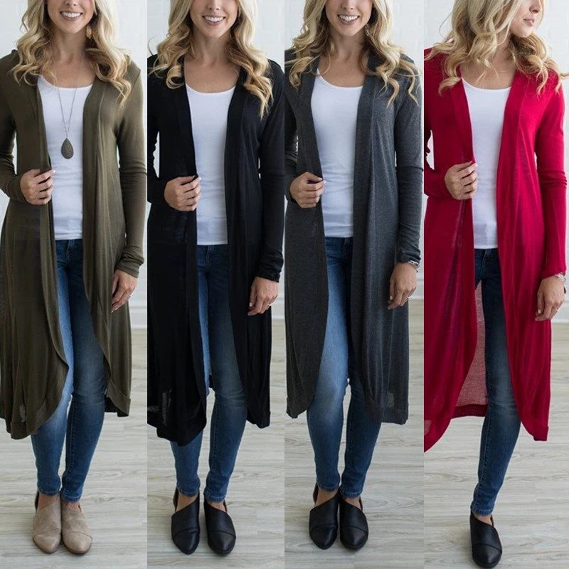 New Women Long Sleeve Solid Long Cardigan Ladies Casual Party Coat Kimono Jacket