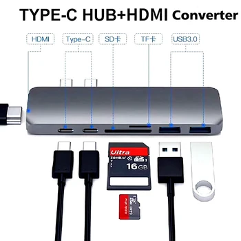 

7-in-1 Dual USB-C HUB Type-C Hub Adapter USB-C to HDMI SD/TF Card Reader PD Charging 4K HD for MacBook Pro USB 3.0 HUB