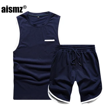 

Aismz Summer EUR/US Size Set Men Sleeveless Sleeve T Shirts Two Piece Tops+Shorts Suit Sportswear Mens Short Sets Male Tracksuit