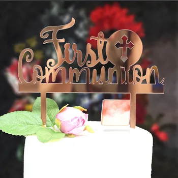 

First Communion Acrylic Cake Topper Mirror Rose Gold Acrylic Cupcake Topper For Baby Shower Party Cake Decorations 2019 New