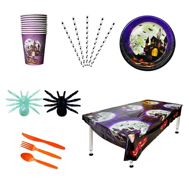 

Halloween Party Decoration Table Arrangement Supplies Disposable Castle Tray Plate Cup Tablecloth Cutlery Set