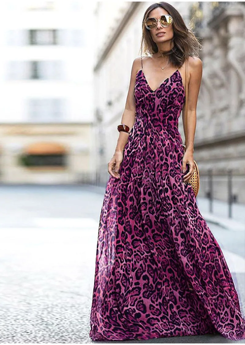 Винтажное платье макси с леопардовым принтом, женское сексуальное платье с v-образным вырезом на бретельках, летнее шифоновое пляжное Ретро длинное платье, Vestidos DG404