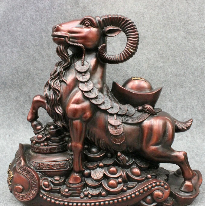 

S4863 15" Folk Chinese Pure Bronze Year Zodiac Sheep Goat On RuYi Treasure Bowl Statue D0318