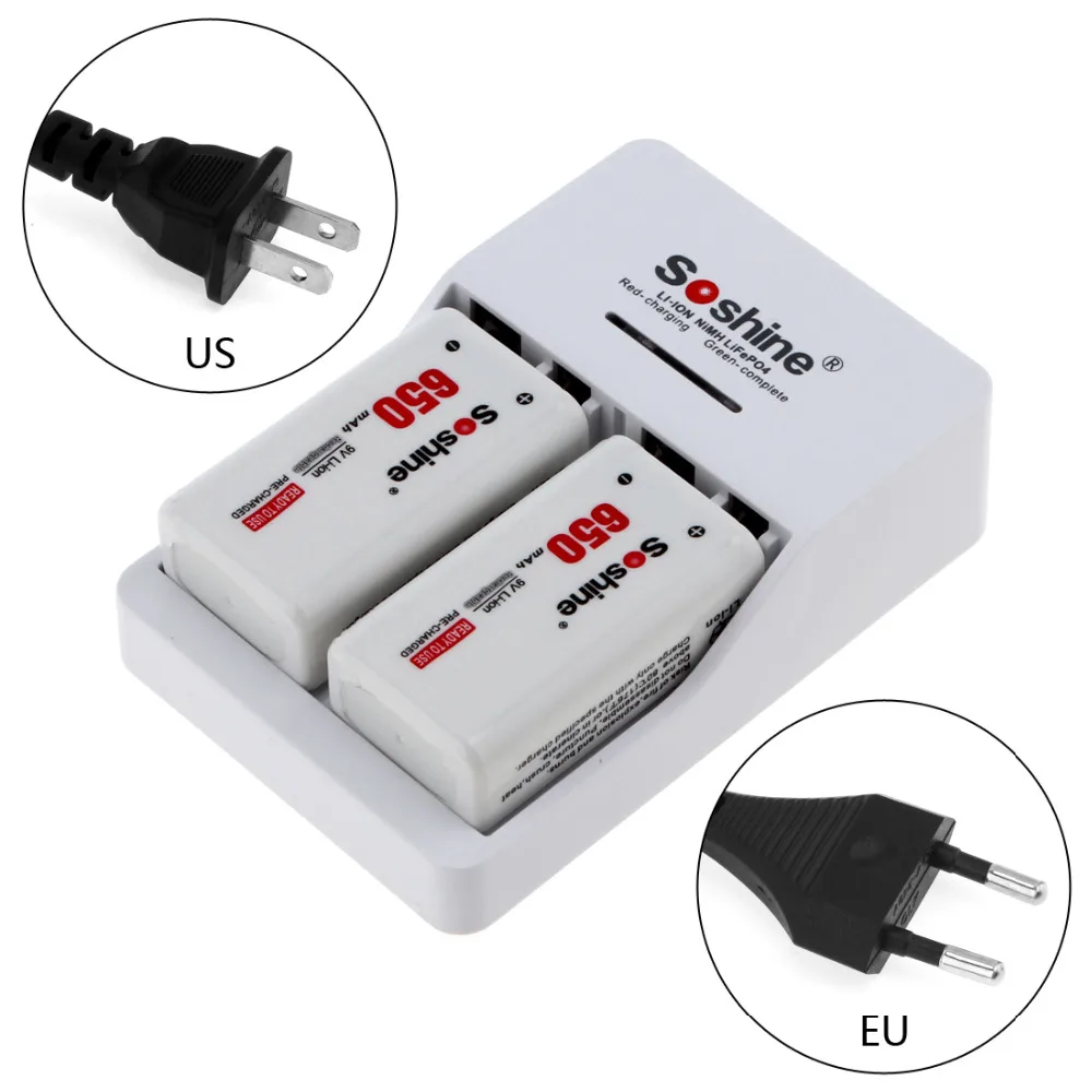 Prix Soshine 2 pièces 650 mAh 9 V 6F22 batterie rechargeable + Intelligent Intelligent Ni MH Li ion chargeur de batterie avec indicateur led avec la boîte