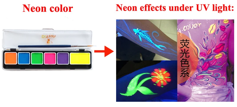 Краска для тела, лица, 6 цветов, набор, неоновая флуоресцентная краска с кистью, макияж, пигмент, модель краски для Хэллоуина, временная татуировка, Maquiagem