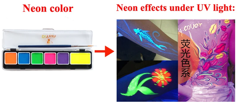 Fluorescente com Escova Modelo de Pintura para o Dia das Bruxas Corpo Rosto Pintura Cores Conjunto Neon Maquiagem Pigmento Tatuagem Temporária 6 6 Corpo rosto pintura 6 cores conjunto neon