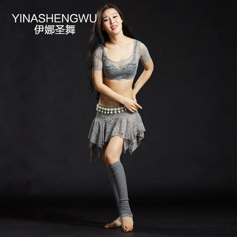 Sexy Belly Dance Clothes Women Dance Rose Lace Outfits 2pcs Top and Skirt Modal Bellydance Costume Lace