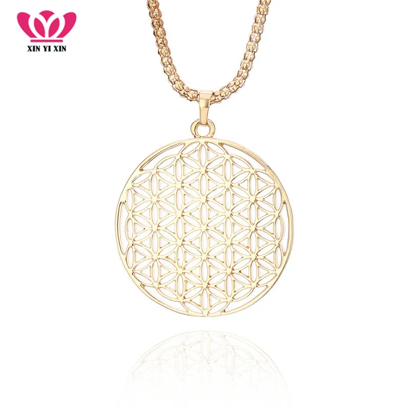 

Vintage Big Round Hollow Flower Pendant Necklace Gold Popcorn Chains Long Necklace For Women Sweater Jewelry Party Gifts New