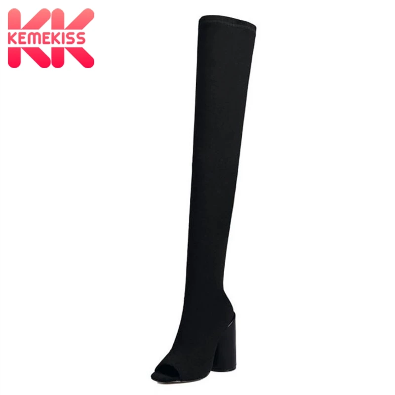 

KemeKiss Trend Stretch Boots Women Over The Knee High Boots Fashion Open Toe Solid Color High Heels Sexy Women Shoes Size 34-43