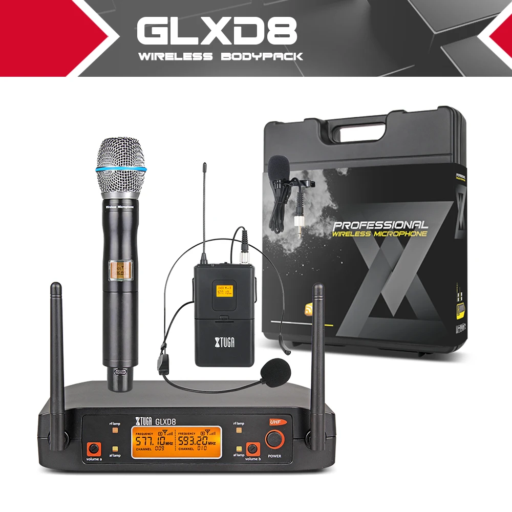 

XTUGA GLXD8 Portable UHF Microphone System with carry case 1Boydpack1Handheld MIC BOX Cordless Wireless for Stage Church wedding