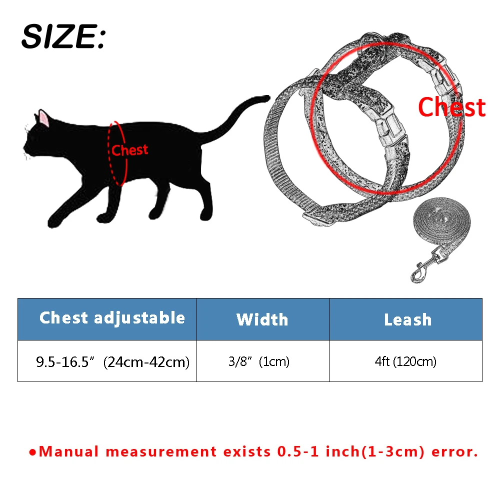 Нейлоновый Поводок для кошек с блестками, поводок для кошек и поводок, набор для домашних питомцев, регулируемый поводок, поводок для прогулок, жилет, 5 цветов