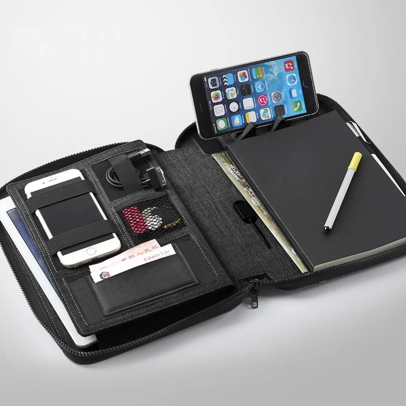 

linen cloth zipper business travel B5 notebook with handles power battery charger elastic cellphone/tablet stand rack 1315A