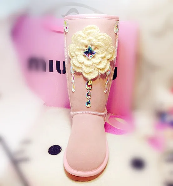

Parent-child snow boots handmade crochet flower genuine leather thermal pink rhinestone0 colorful stereo gem high size