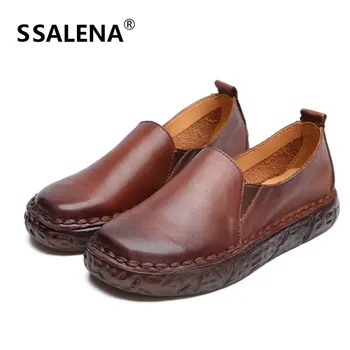 

Women Genuine Leather Casual Flats Comfortable Round Toe Loafers Shoes Female Soft Bottom Slip On Flats AA11696