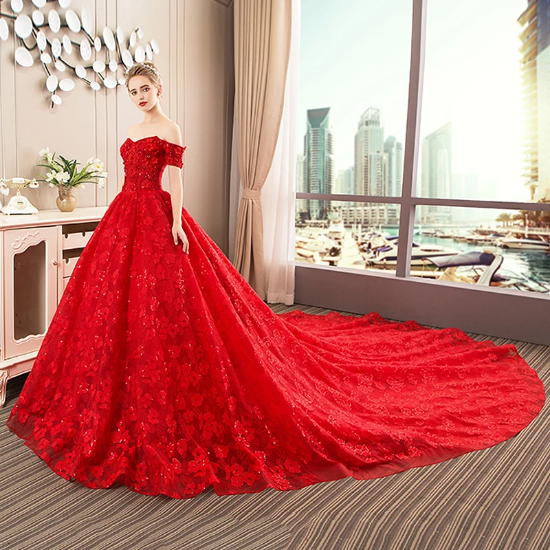 Vestido De Novia, новые элегантные свадебные платья, бальное платье с открытыми плечами, Красные Свадебные платья с рукавами, Robe De Mariage