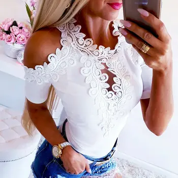

New Fashion Women's Summer Cold Shoulder Lace Tops Short Sleeve Hollow-Out Bodycon S-XL Size Blouse Casual Shirt Ladies Clothes