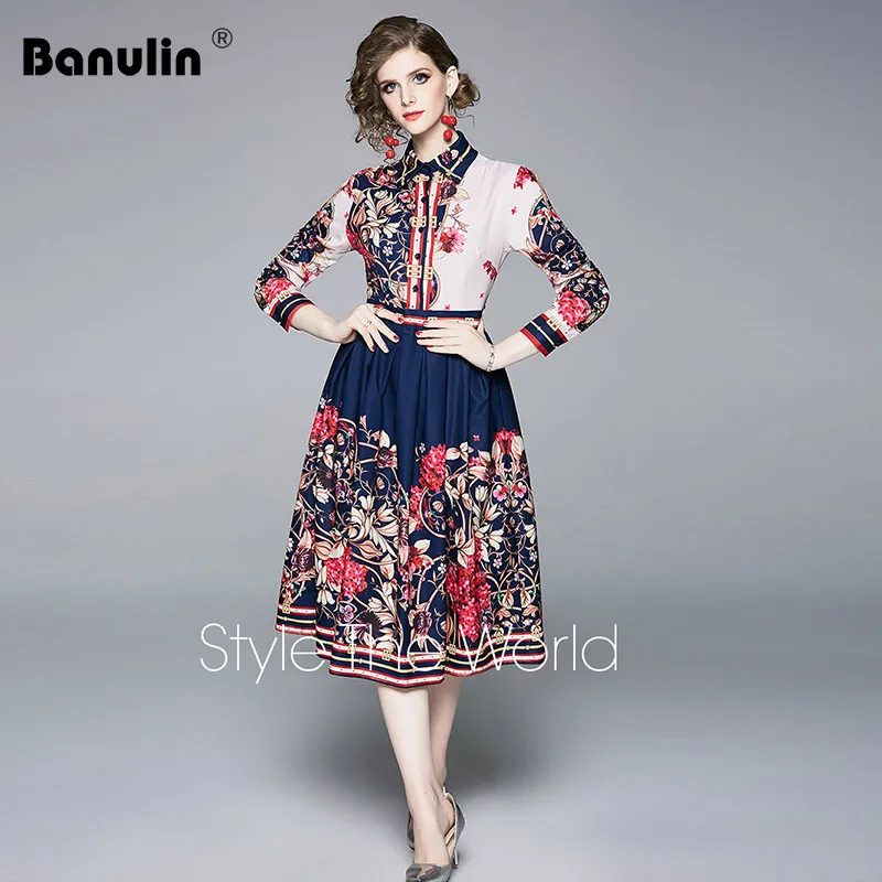 

Banulin 2019 Summer Runway Long Sleeve Shirt Dress Women's Button Down Multicolor Floral Print Vintage Elegant Pleated Dress