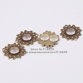 

(10 set/lot) Antique Bronze Alloy Flowers Diplopore 12mm Round Pendant Cabochon Settings + clear glass cabochons 8176