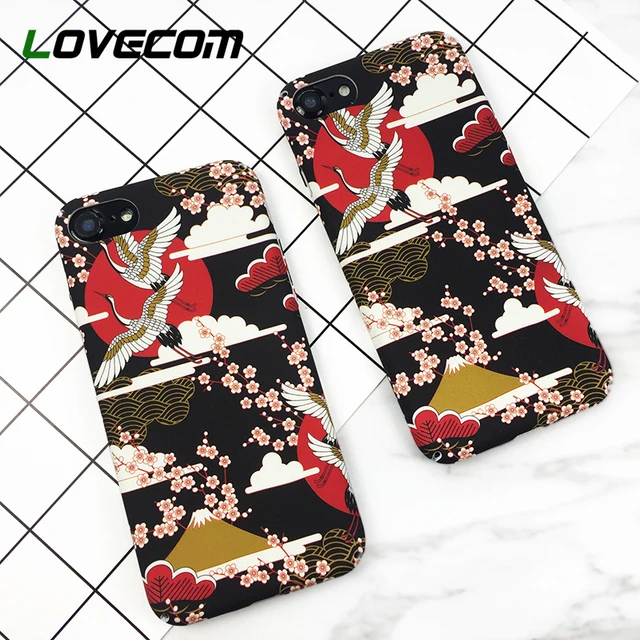 Cheap LOVECOM Cranes Flying Clouds Print Blossoms Phone Case For iPhone 6 6S 7 8 Plus Back Cover Hard PC Matte Back Cover Fundas 