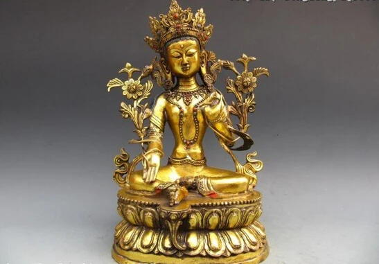 

fast shipping USPS to USA S0135 Tibet Copper Bronze Gild lotus flower Green TaRa Kwan-Yin GuanYin Buddha Statue