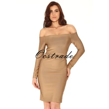 Free Shipping Long Sleeve Bodycon Dress Rayon 2016 Winter New Fashion Khaki Sexy Off Shoulder Bandage Dress Wholesale HL