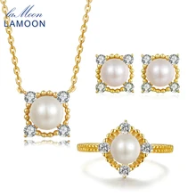 Lamoon натуральный пресноводный жемчуг Ювелирные наборы 925 стерлингов Серебряные ювелирные изделия Цепочки и ожерелья серьги кольца для Обувь для девочек v036-1