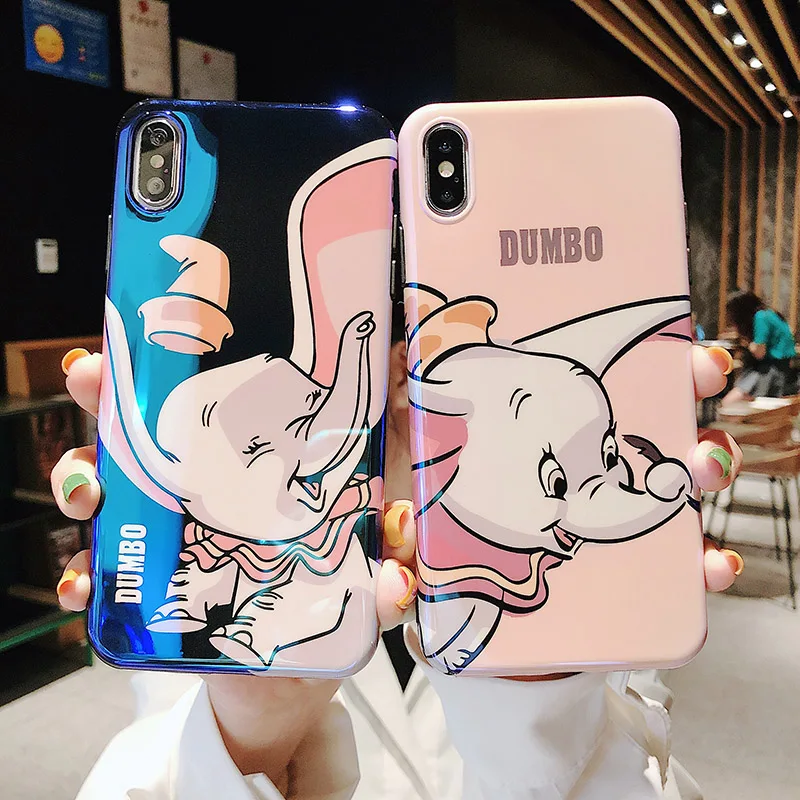 

Cartoon Dumbo Elephant circus phone case for iPhone X Xs Mas Xr 10 76s 8Plus11pro Blue light Mirro IMD Soft TPU BackCover Fundas