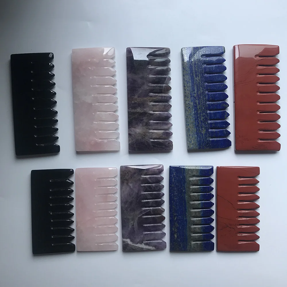 New Design Natural Various Crystal Dream Amethyst Rose Quartz Black Obsidian Lapis Lazuli Red Jasper Massage Comb for Beauty SQ