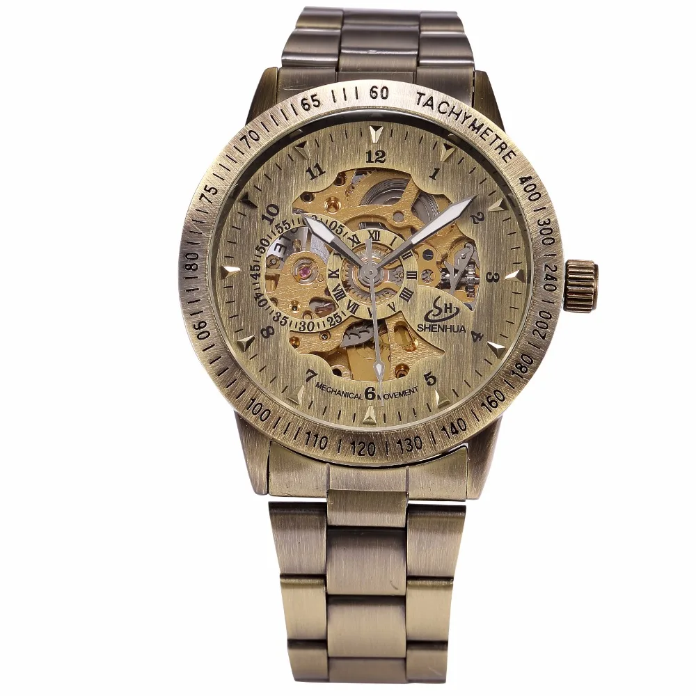 Винтажные бронзовые часы SHENHUA, мужские механические часы со скелетом, мужские наручные часы, автоматические часы с металлическим ремешком, Relogio Masculino