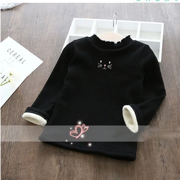 Осенний плюшевый свитер для девочек, одежда для детей, теплый вязаный свитер ярких цветов для девочек, детская верхняя одежда с рисунком кота, пуловер - Цвет: Черный