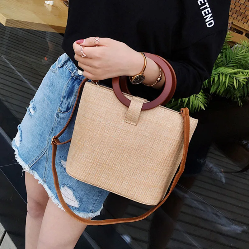 Fashion Women Hot Beach Straw Bags INS Popular Autumn Female Wooden Ring Weave Handbag Casual Lady Knitted Shoulder Bag SS3423 (9)