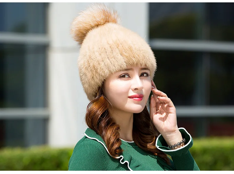Winter hats Real Mink Fur Fat For Women Knitted Natual fur Beanies Female Thick Warm With Hat Fox Fur Pompom RC1349 (4)