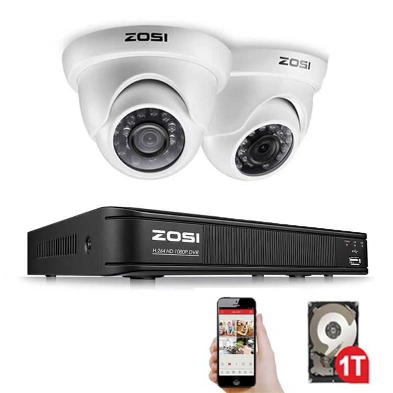 

ZOSI 4 Channel FULL 1080P HD-TVI Recorder Case DVR Kit CCTV System with 2MP IR Filter Outdoor Nightvision 2pcs Dome Video Camera