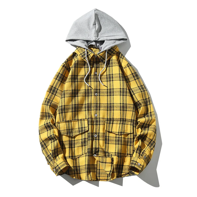 Осенняя Новая мужская рубашка модная повседневная свободная однобортная рубашка Съемная кепка мужская клетчатая рубашка большого размера Мужская одежда 5XL