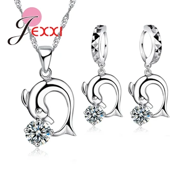 

925 Sterling Silver Dolphin Pendant Necklace Cubic Zirconia Drop Earrings Set Elegant Cute Animal Bride Wedding Jewelry Sets