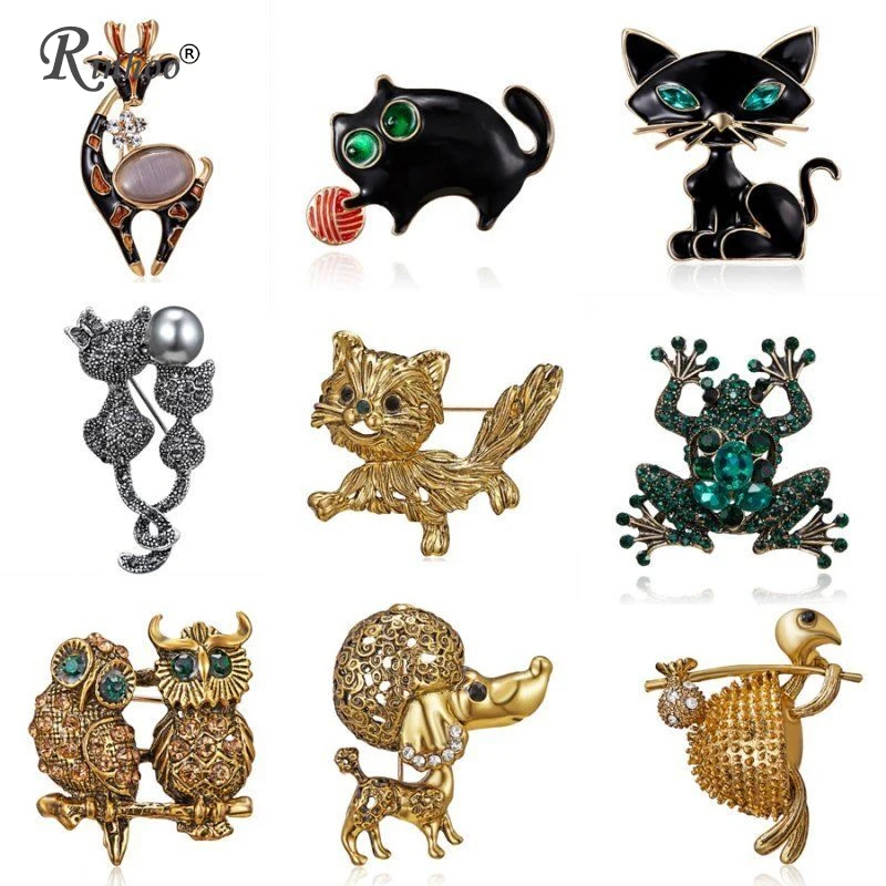 RINHOO Animal Brooch Decoration Garment Corsage Rhinestones Owl Cat Sea Horse Swim Hippocampus Women Men Jewelry Brooches Pins