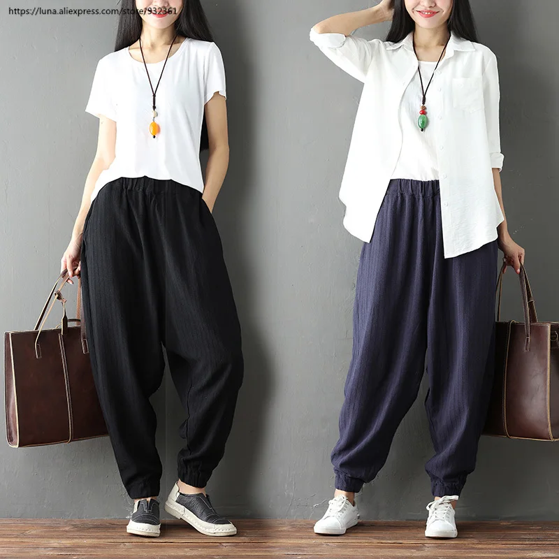 

Womens Summer Casual Stripe Harem Pants Cotton Linen Loose joggers women Legs Trousers pantalon femme 2935